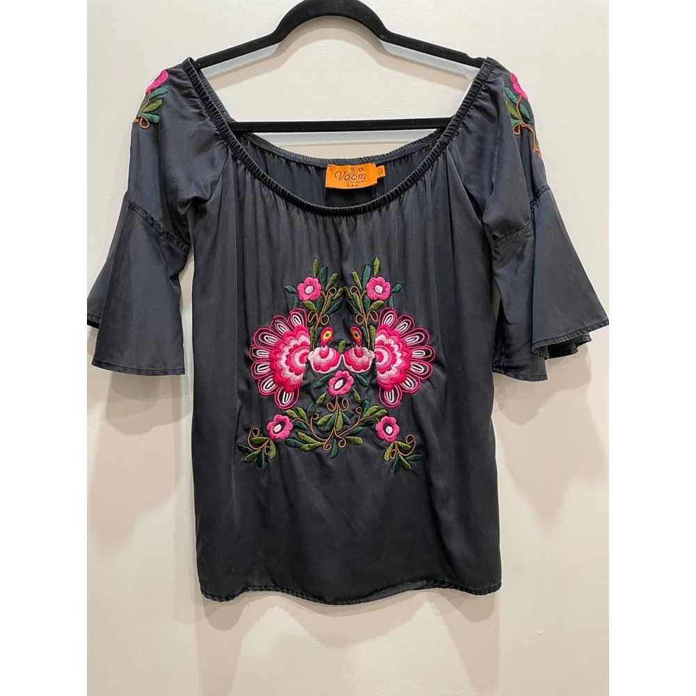 Voom by Joy Han Vintage Silk Floral Embroidered Off Shoulder Top XS Retro Y2K